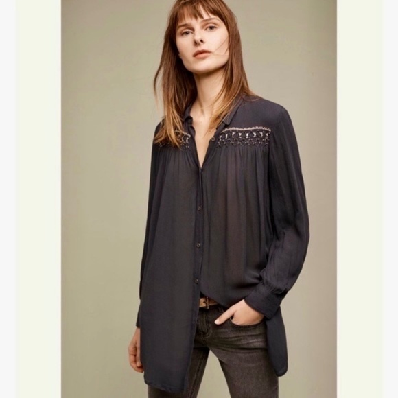 Anthropologie FLOREAT Beulah Navy Blue Beaded Top Blouse Tunic Beading Small - Picture 1 of 15